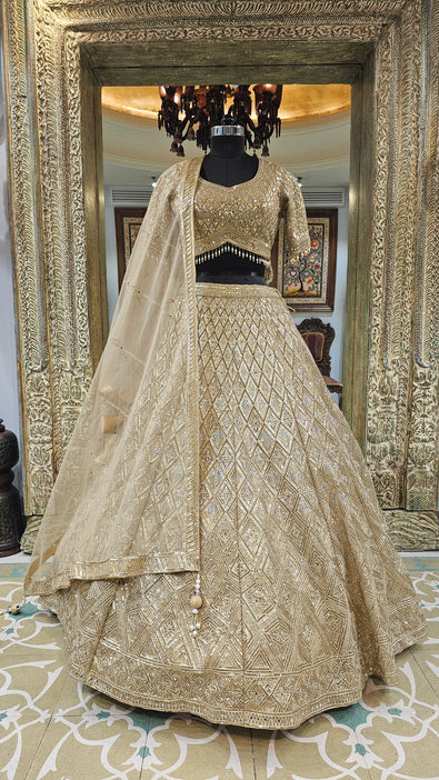 Golden Silk Lehenga with Sequins, Zari, Mirror and Beads Work