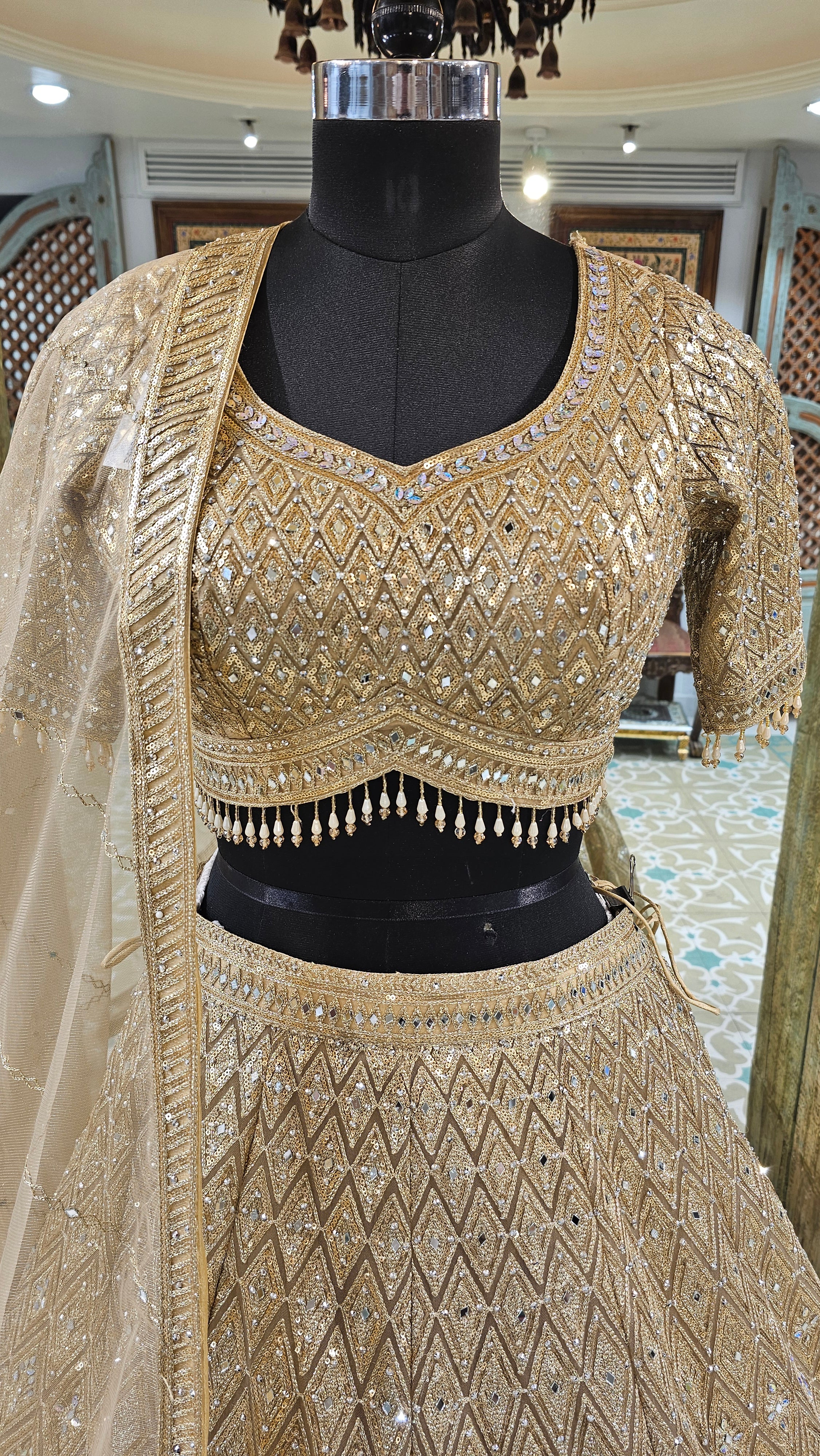 Golden Silk Lehenga with Sequins, Zari, Mirror and Beads Work