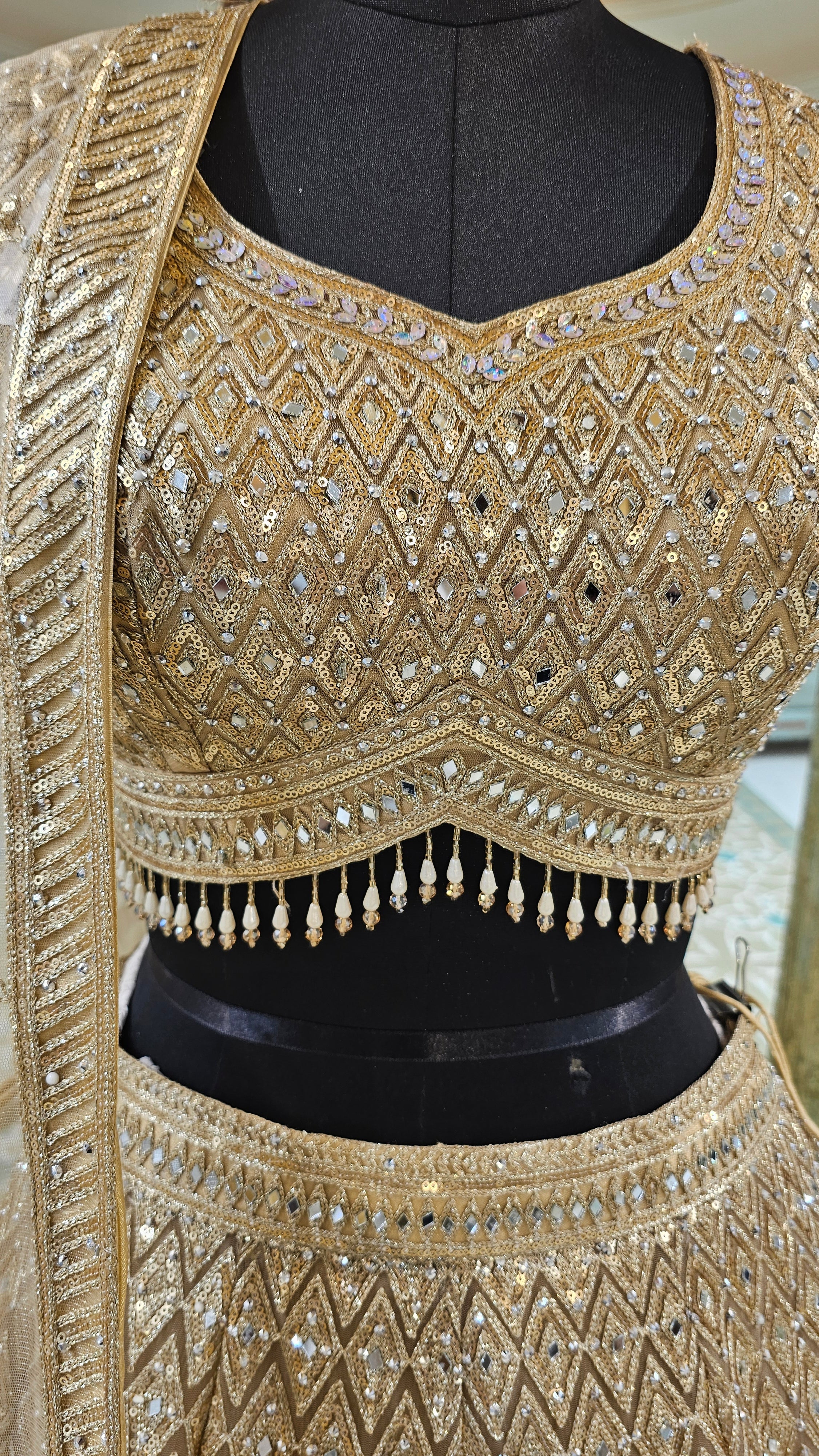 Golden Silk Lehenga with Sequins, Zari, Mirror and Beads Work