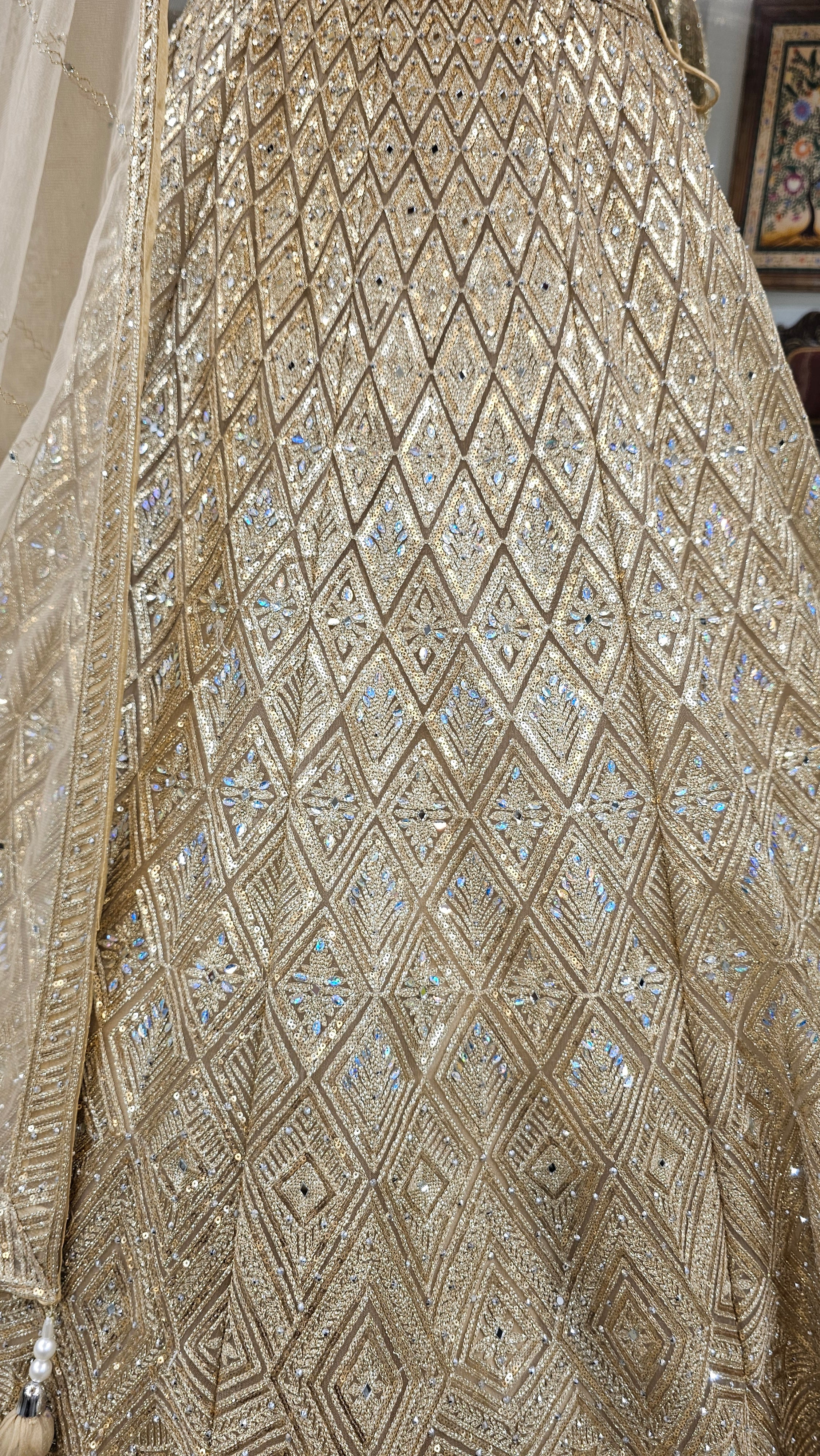 Golden Silk Lehenga with Sequins, Zari, Mirror and Beads Work