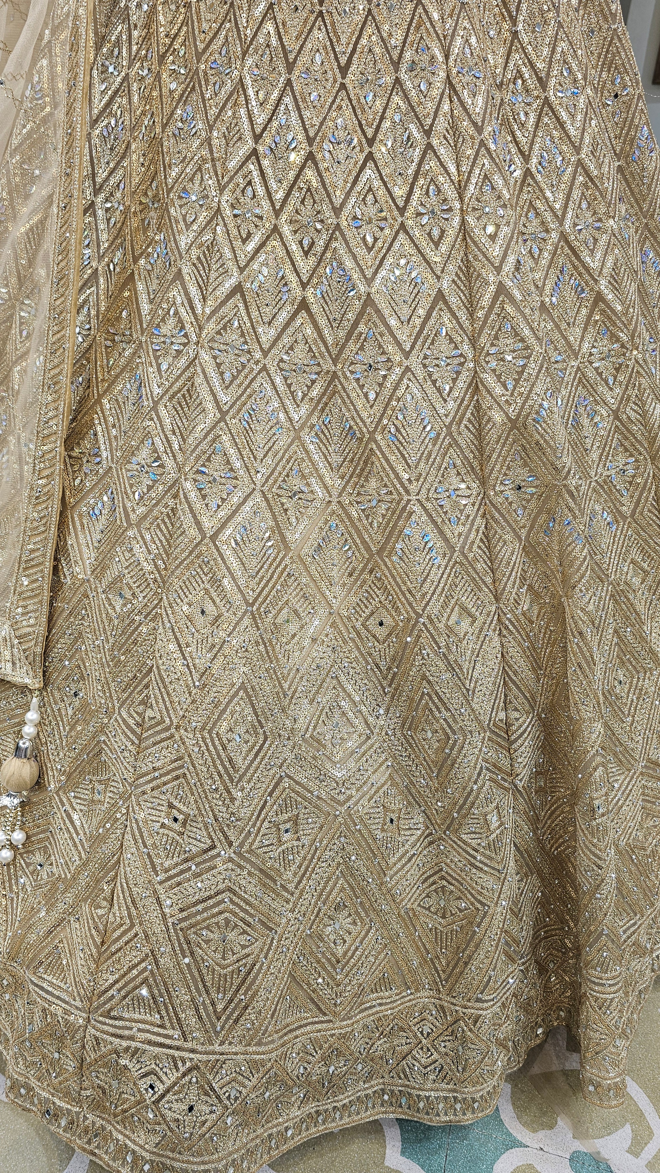 Golden Silk Lehenga with Sequins, Zari, Mirror and Beads Work