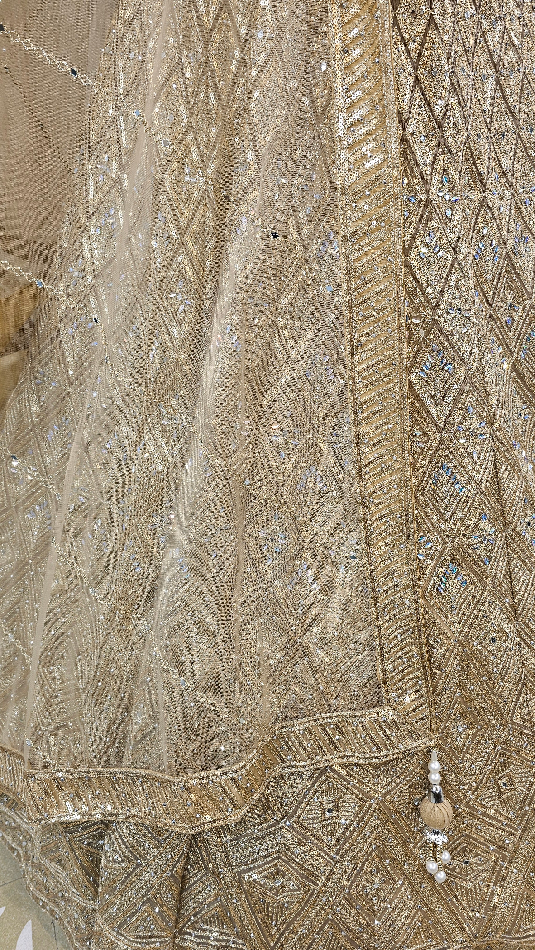 Golden Silk Lehenga with Sequins, Zari, Mirror and Beads Work