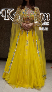 Yellow Lehenga Choli with Embroidered Cape