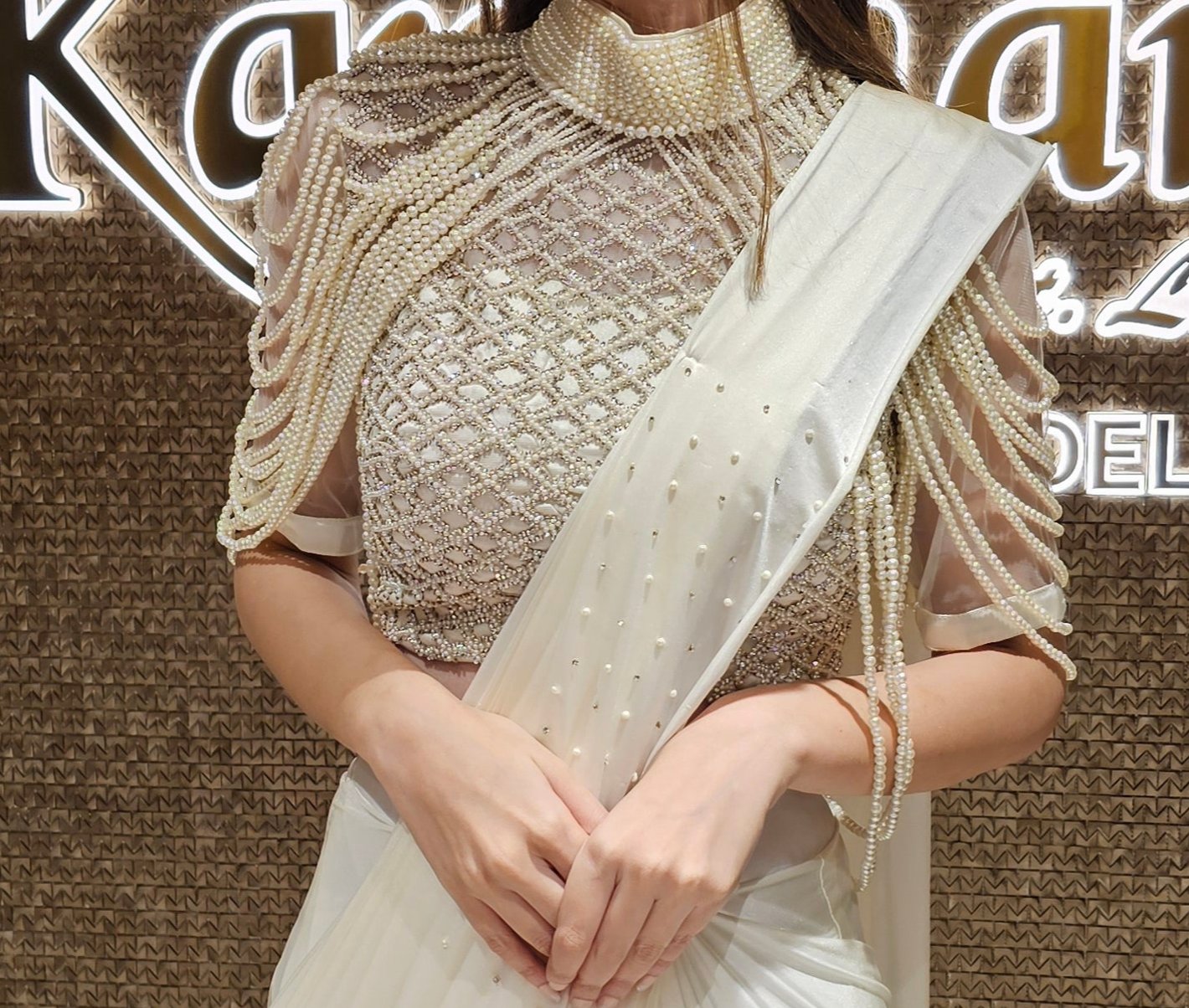 White Drape Saree with Pearl Embroidery