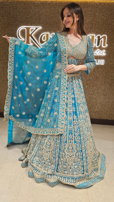 Blue Embroidered Lehenga Choli with Pearl Work