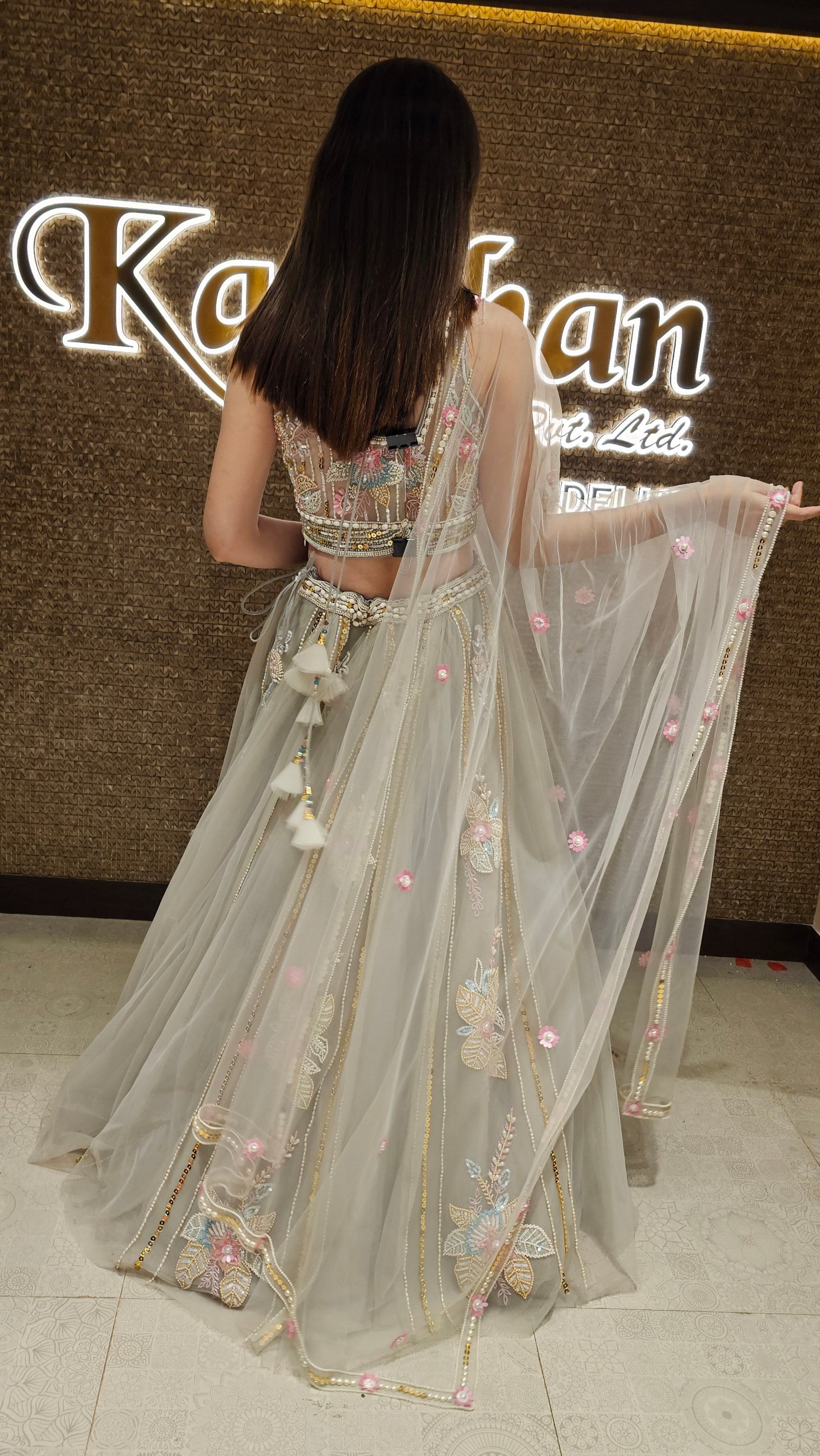 Net Grey Lehenga Choli with Embroidery