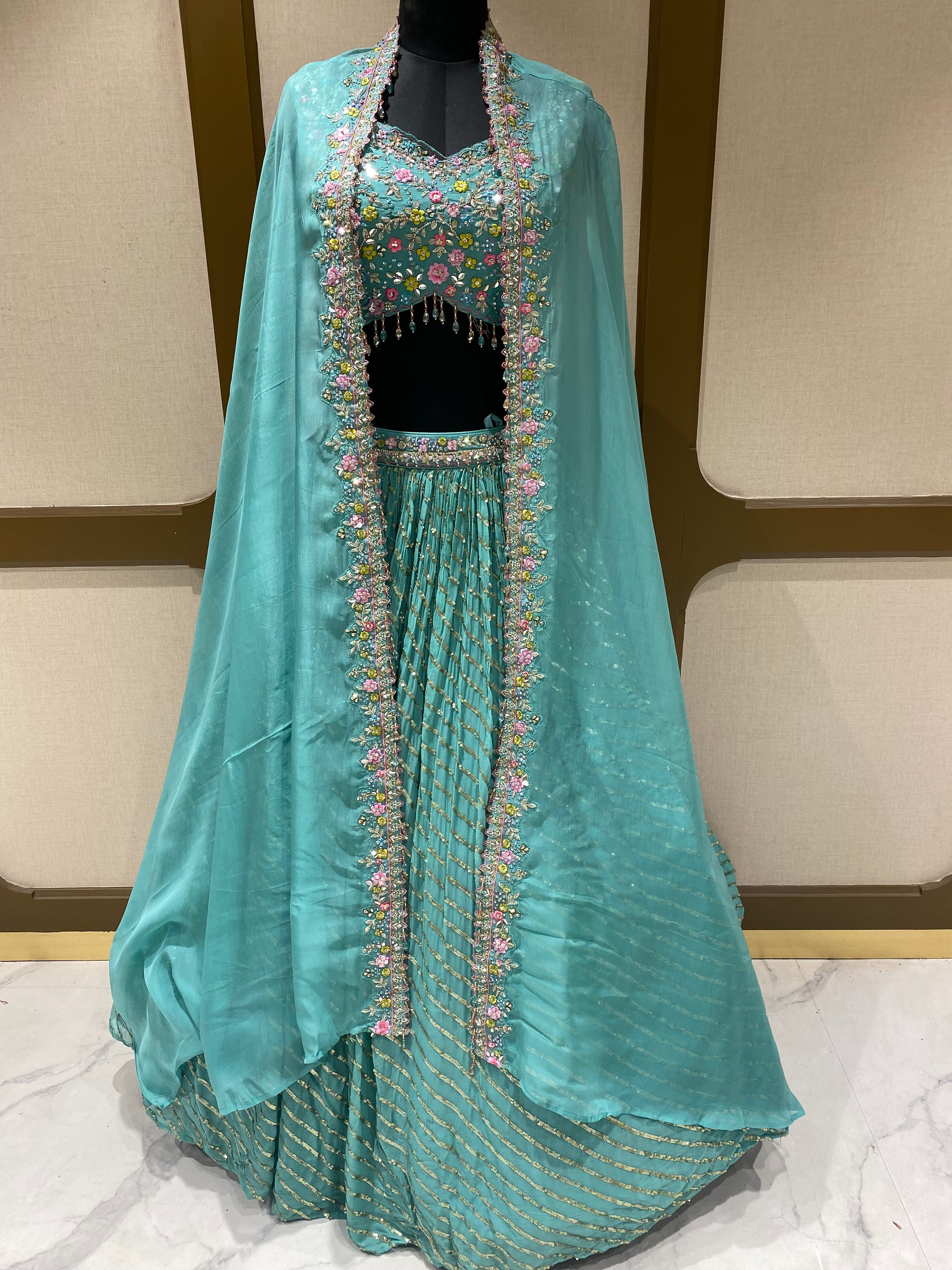 Sky Green Georgette Lehenga with Sequins, Zari and Zarkan Work