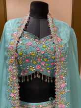 Load image into Gallery viewer, Sky Green Georgette Lehenga with Sequins, Zari and Zarkan Work
