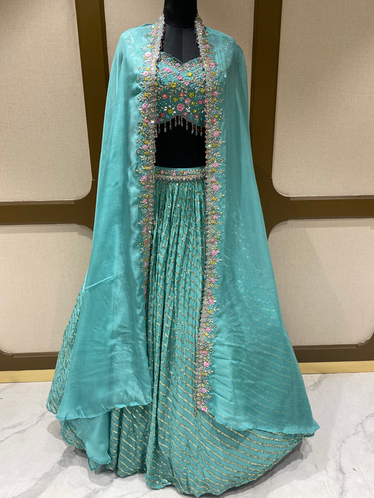 Sky Green Georgette Lehenga with Sequins, Zari and Zarkan Work