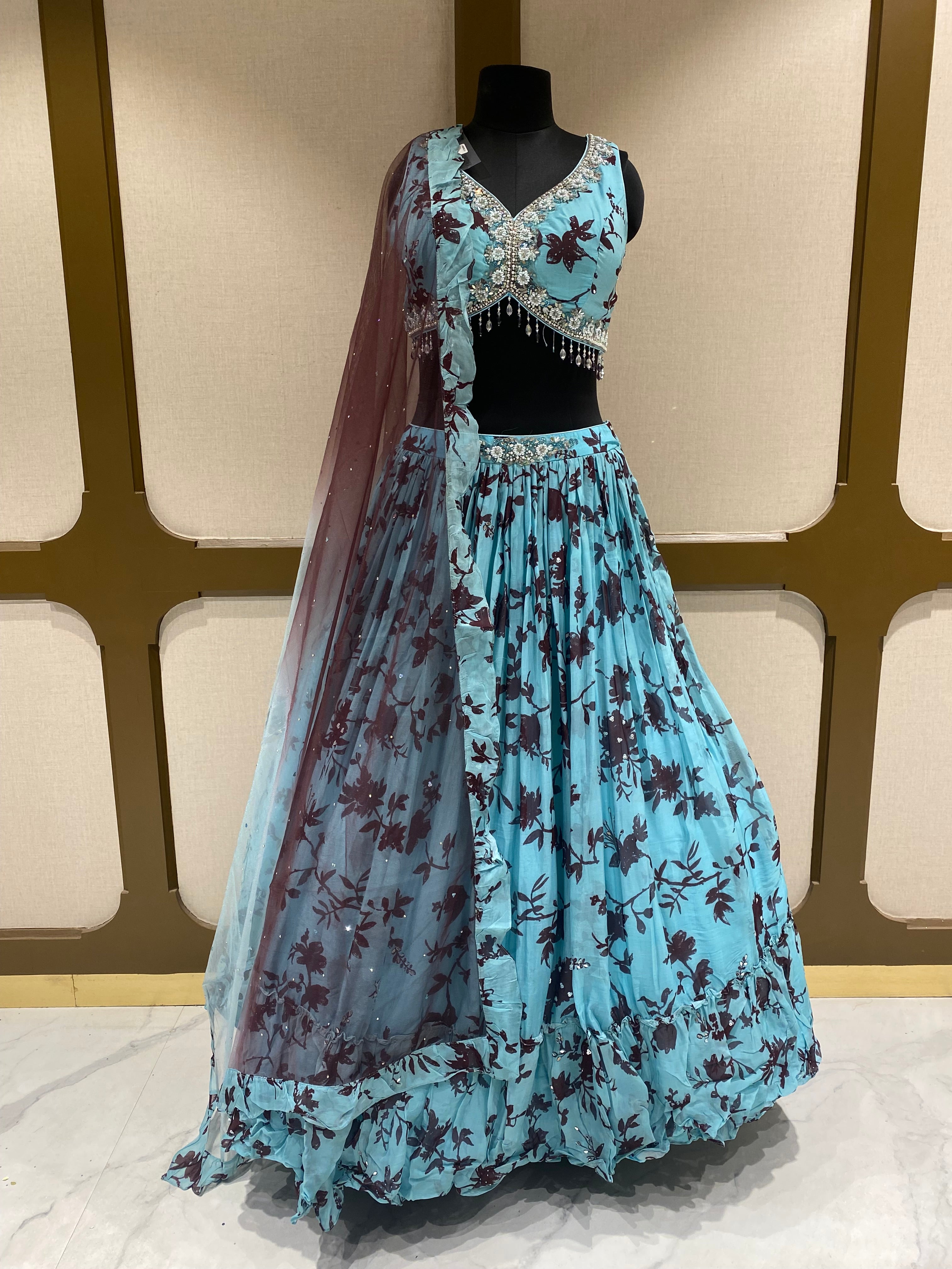 Sky Blue Georgette Lehenga with Sequins, Mirror and Pearl Work 