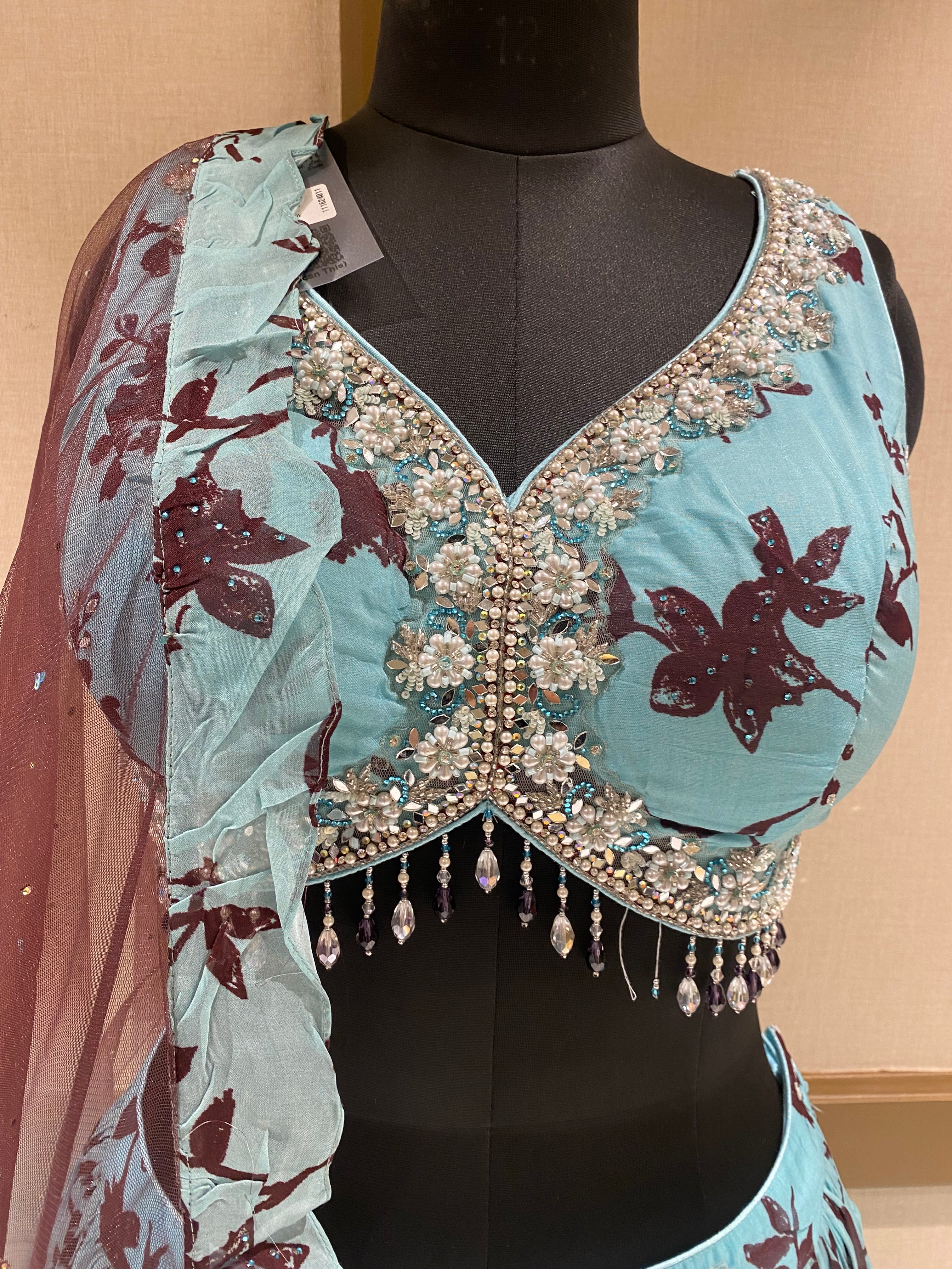 Sky Blue Georgette Lehenga with Sequins, Mirror and Pearl Work 