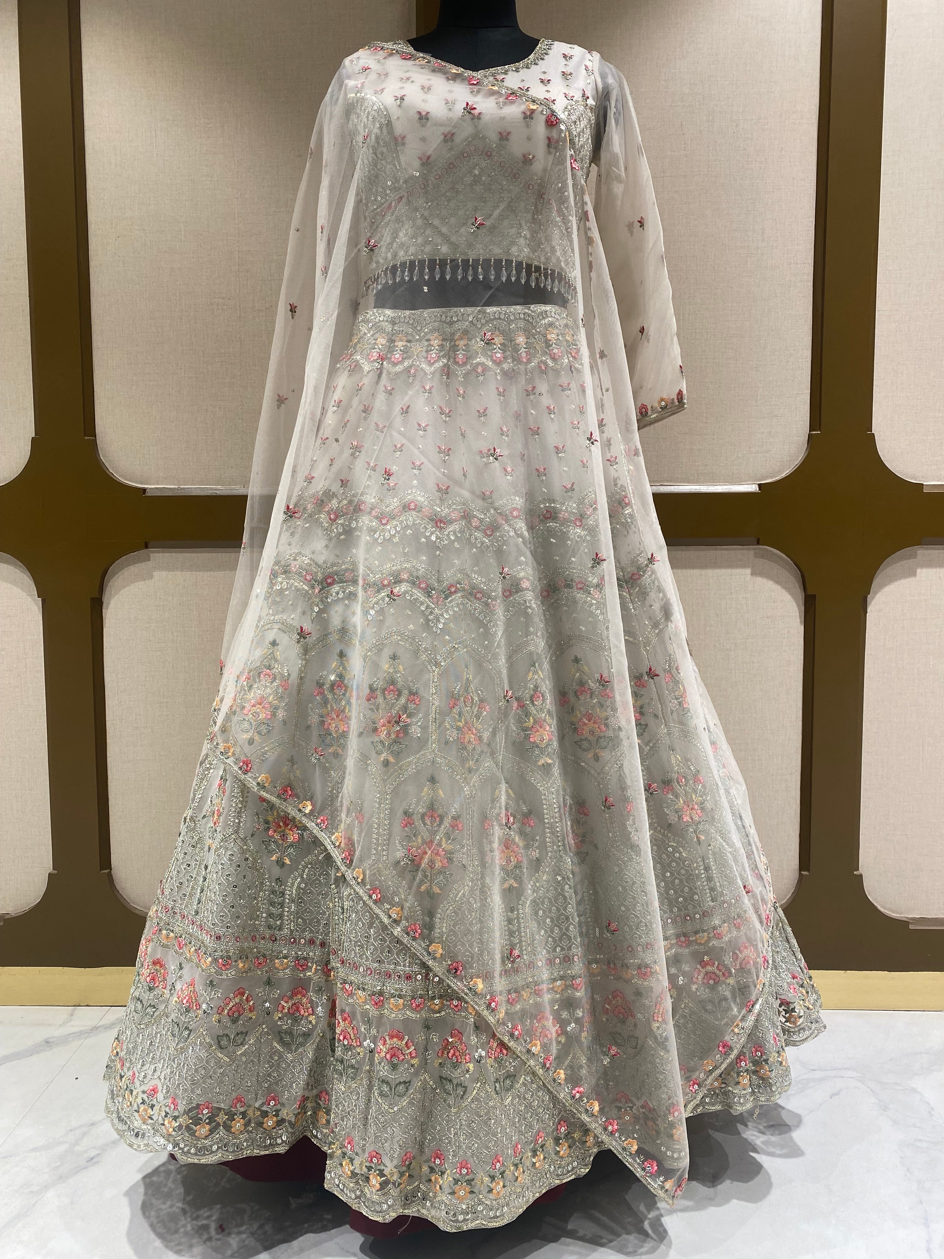 Off White Net Lehenga with Sequins and Zari Work