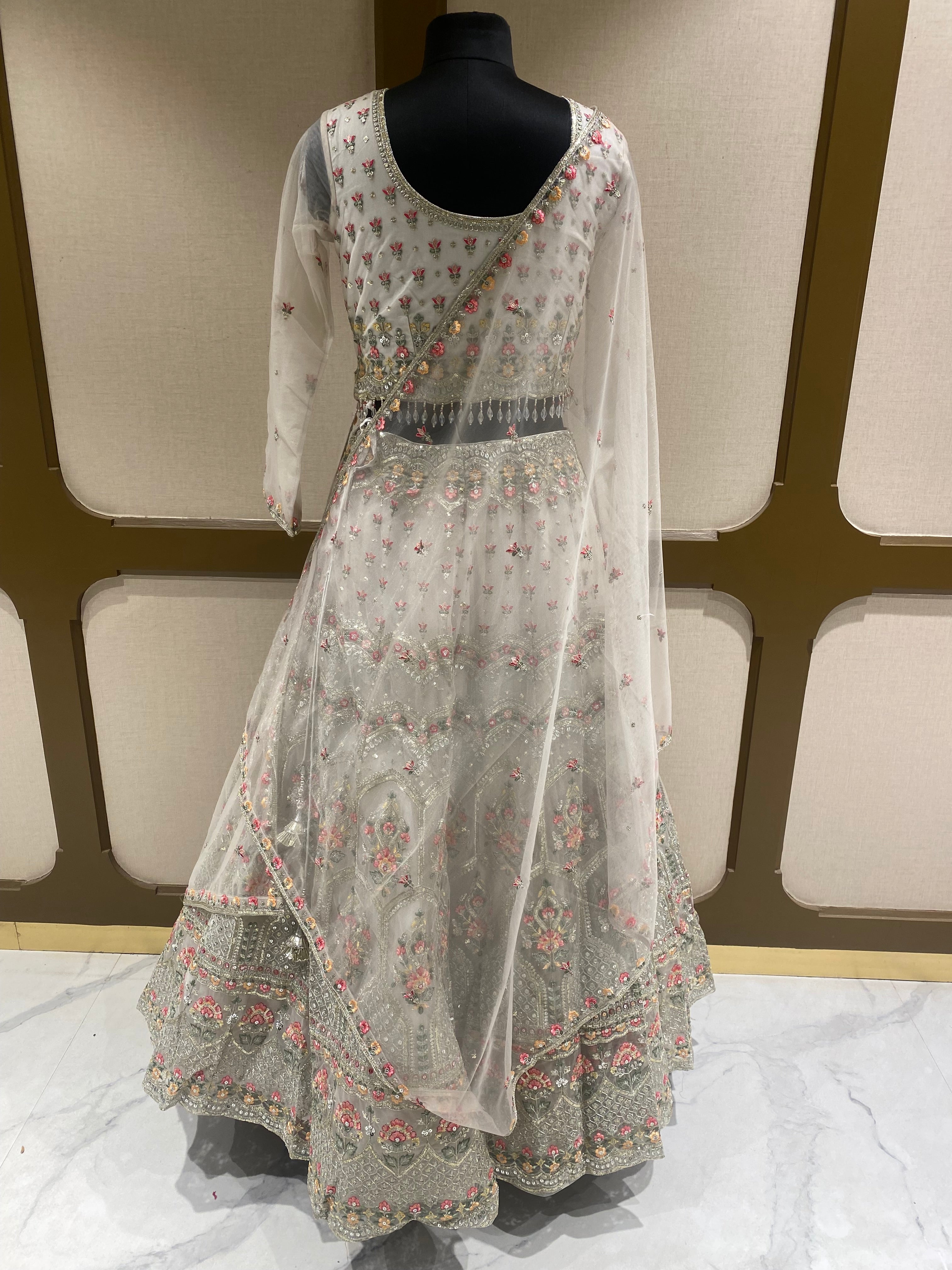 Off White Net Lehenga with Sequins and Zari Work