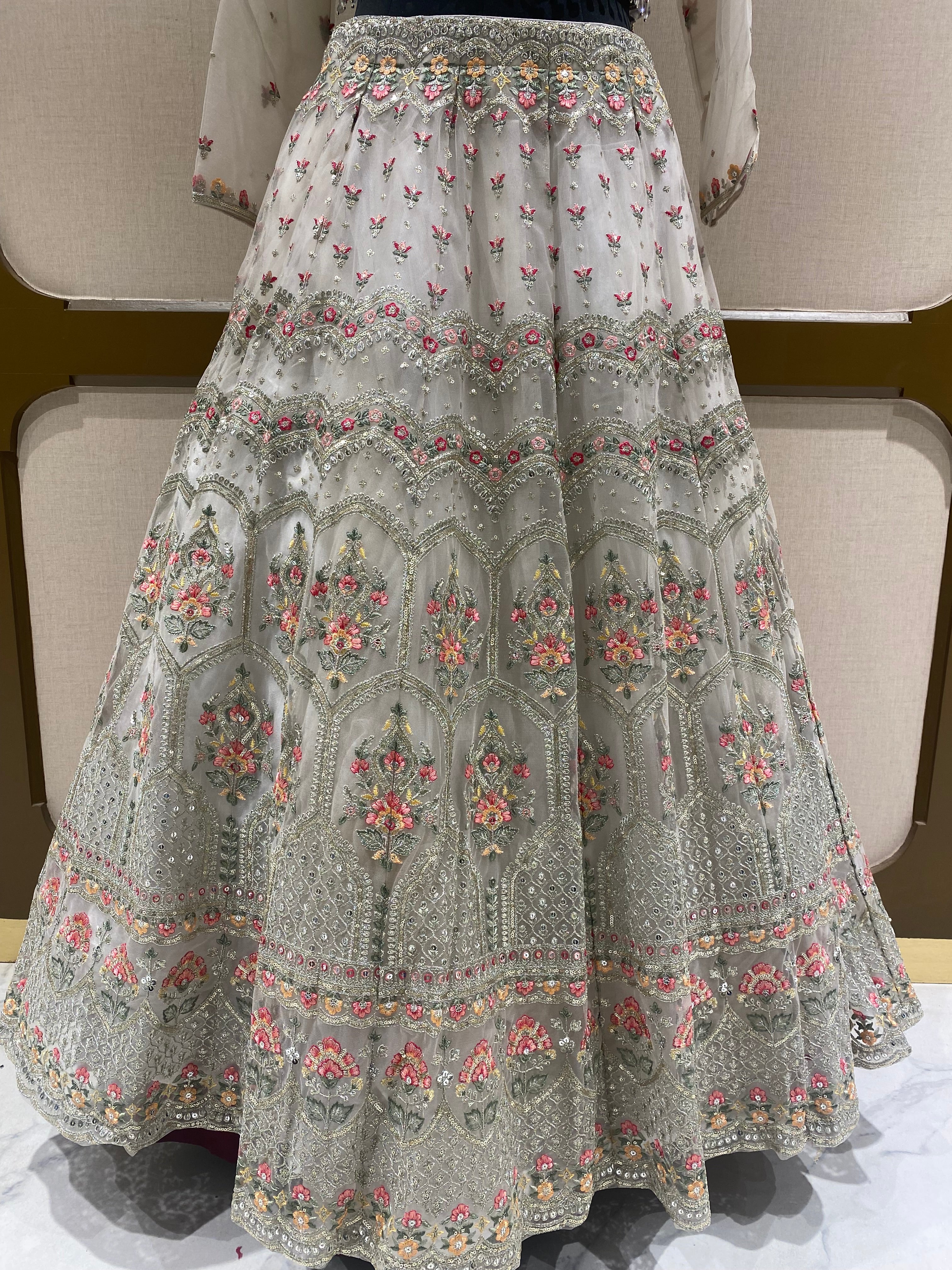 Off White Net Lehenga with Sequins and Zari Work