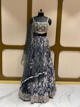 Load image into Gallery viewer, Black White Chinon Lehenga With Zari, Pearl and Mirror
