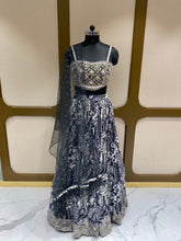 Load image into Gallery viewer, Black White Chinon Lehenga With Zari, Pearl and Mirror
