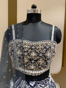 Black White Chinon Lehenga With Zari, Pearl and Mirror