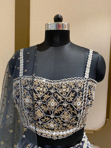 Black White Chinon Lehenga With Zari, Pearl and Mirror