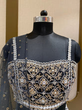 Load image into Gallery viewer, Black White Chinon Lehenga With Zari, Pearl and Mirror
