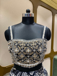 Black White Chinon Lehenga With Zari, Pearl and Mirror