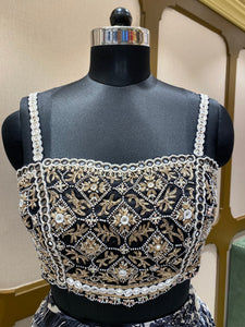 Black White Chinon Lehenga With Zari, Pearl and Mirror