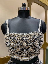 Load image into Gallery viewer, Black White Chinon Lehenga With Zari, Pearl and Mirror
