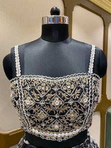 Black White Chinon Lehenga With Zari, Pearl and Mirror