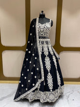 Load image into Gallery viewer, Black and White Georgette Lehenga With Thread and Sequins Work
