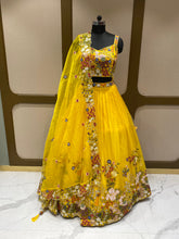 Load image into Gallery viewer, Yellow Organza Lehenga With Sequins, Pearl Work and Multi-Thread Work
