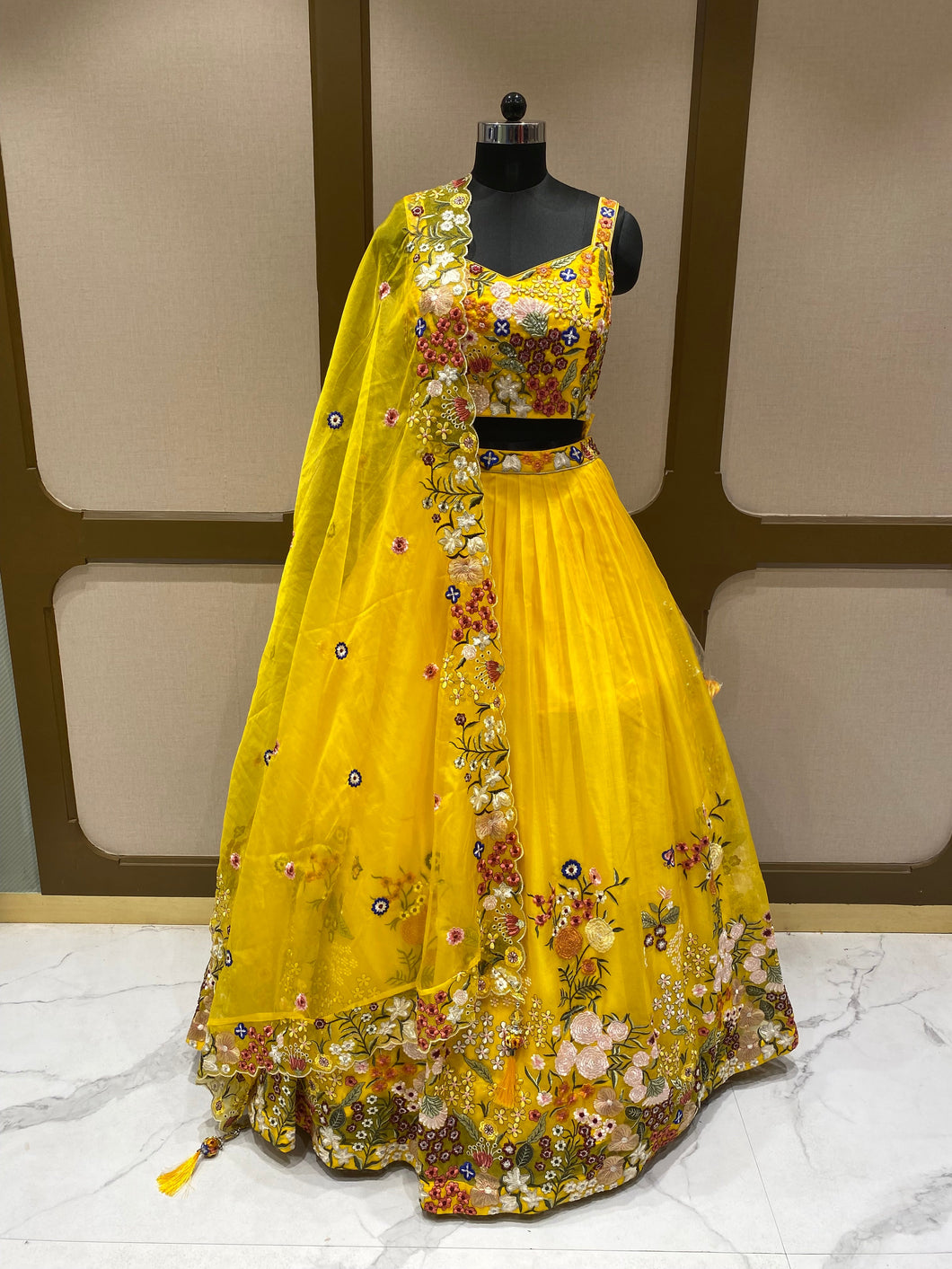 Yellow Organza Lehenga With Sequins, Pearl Work and Multi-Thread Work