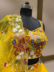 Yellow Organza Lehenga With Sequins, Pearl Work and Multi-Thread Work