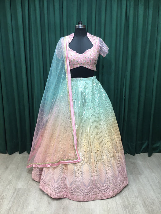 Pink Net Lehengas With Sequins and Japanese Cut Dana