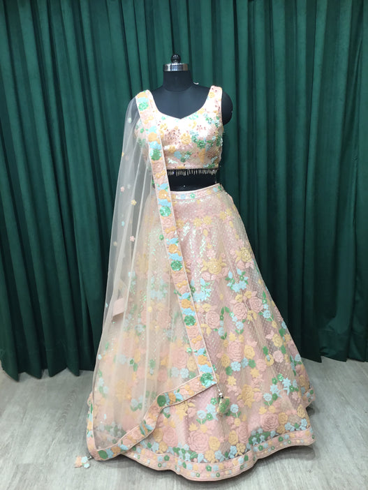 Peach Net Lehenga With Multi Sequins and Cut Dana