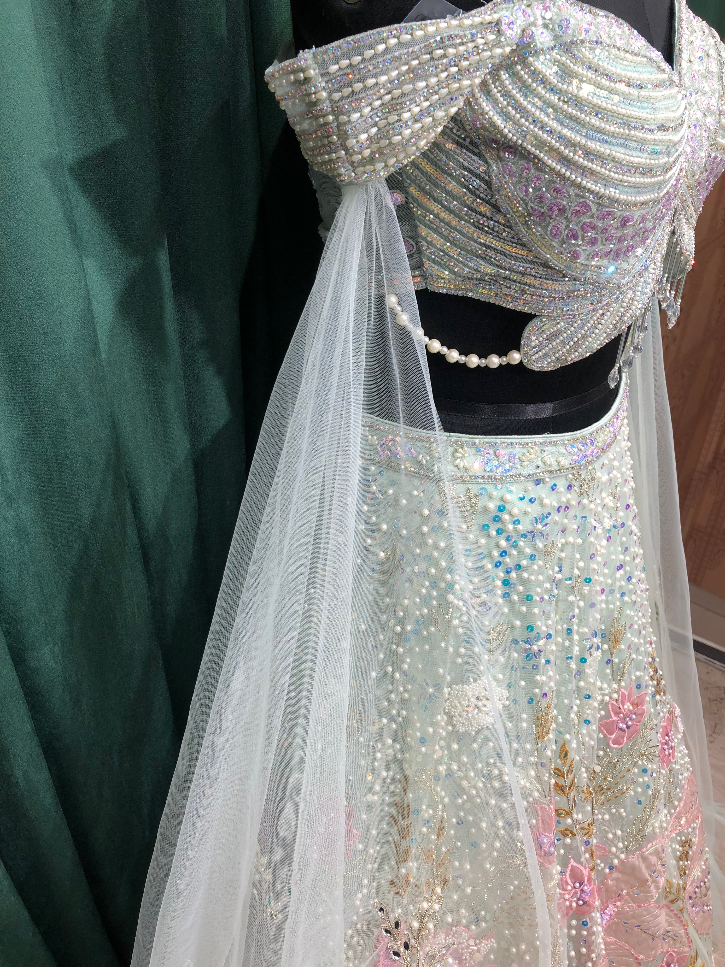 Pista Green Net Lehenga With Pearl Work and PatchWork