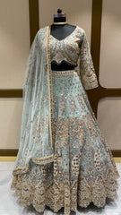 Sky Blue Net Peacock Lehenga With Multithread & Sequins Work