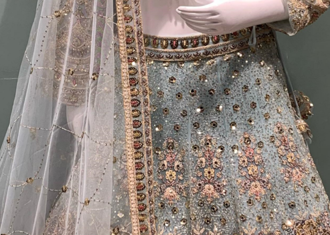 Ice Blue Net Lehenga with Zari, Mirror and Sequins work